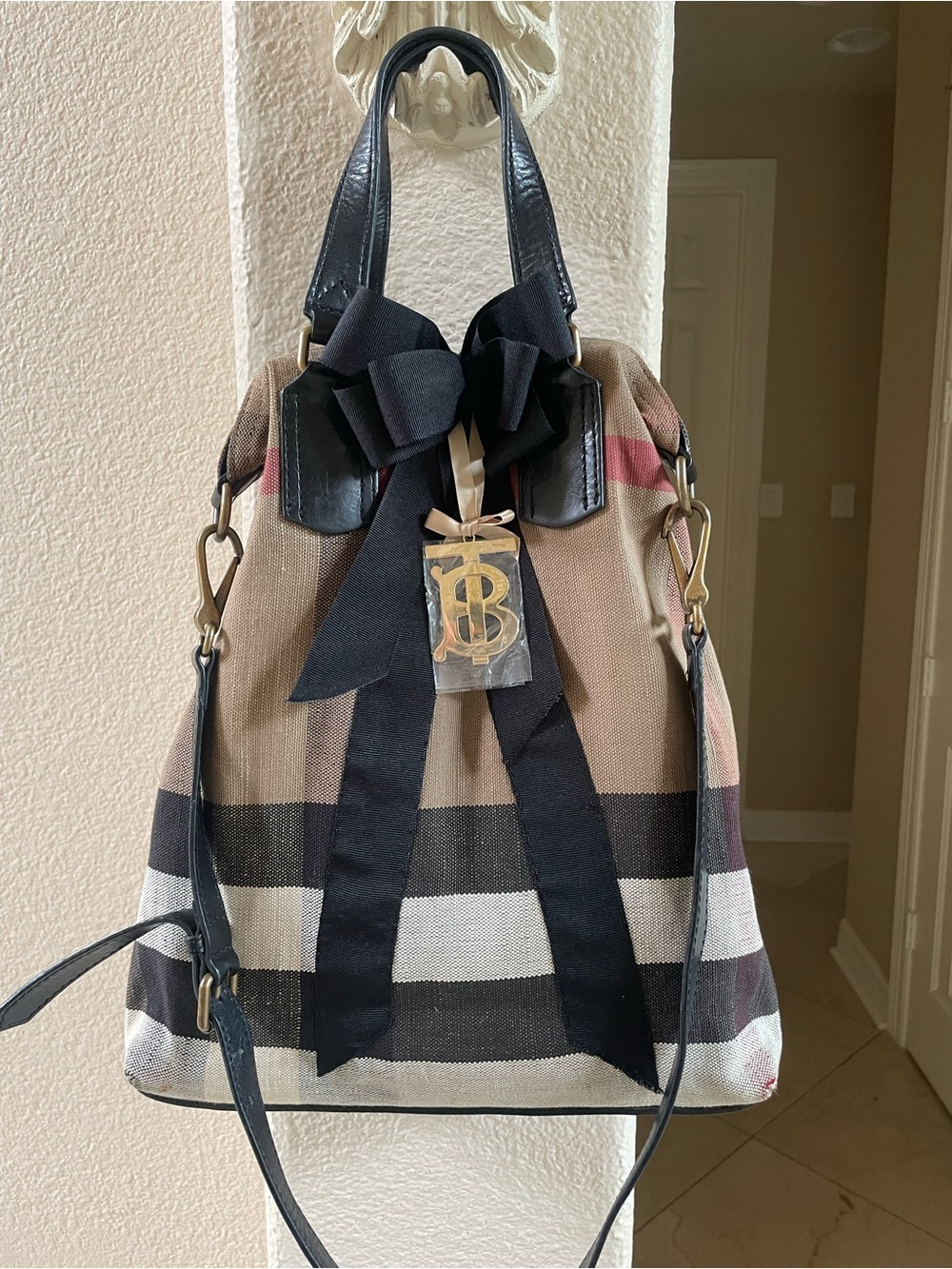 BURBERRY Canvas Two way Tote Bag with Black Trim and Bow pin B charm REPAIRED